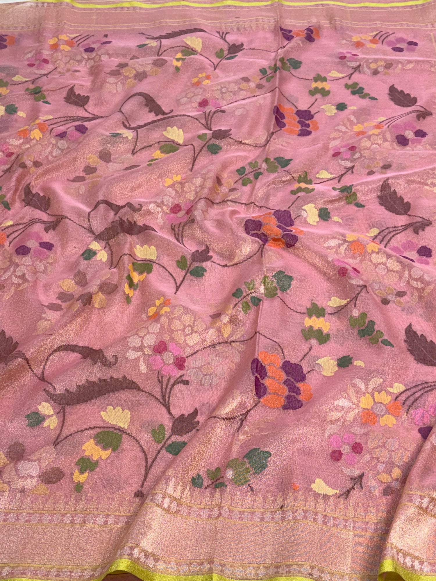 Pink Handwoven Banarasi Jamdani Real Zari Tissue Silk Saree with Floral Meenakari Work