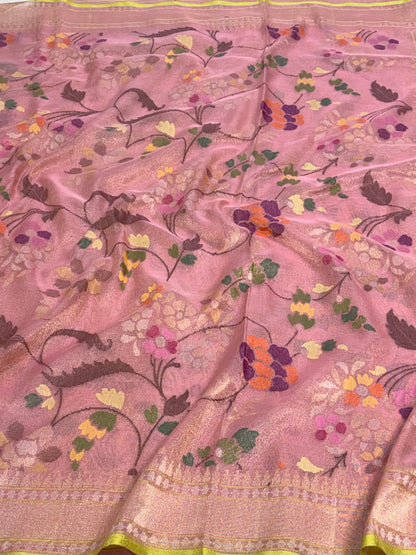 Pink Handwoven Banarasi Jamdani Real Zari Tissue Silk Saree with Floral Meenakari Work