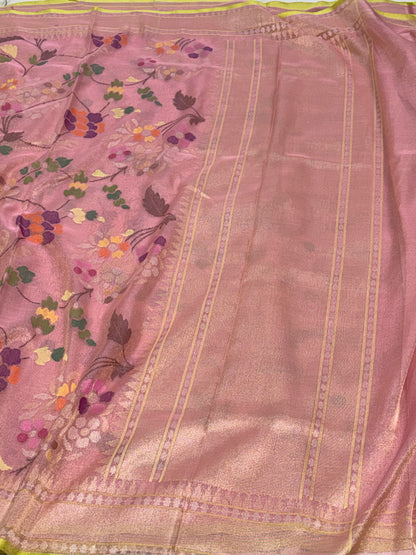 Pink Handwoven Banarasi Jamdani Real Zari Tissue Silk Saree with Floral Meenakari Work
