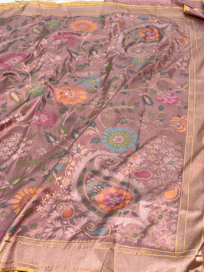 Smoke Pink Handwoven Banarasi Pure Ektara Katan Silk Saree with Real Gold &amp; Silver Zari