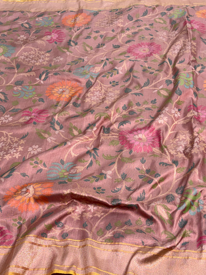 Smoke Pink Handwoven Banarasi Pure Ektara Katan Silk Saree with Real Gold &amp; Silver Zari