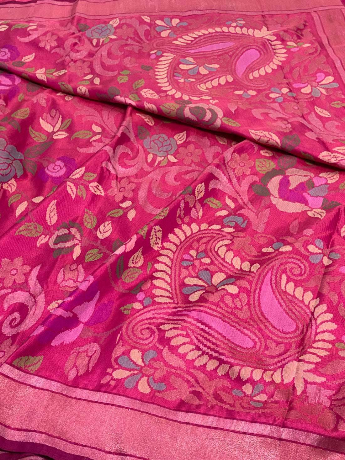 Rani Pink Handwoven Banarasi Pure Ektara Katan Silk Saree with Real Gold and Silver Zari