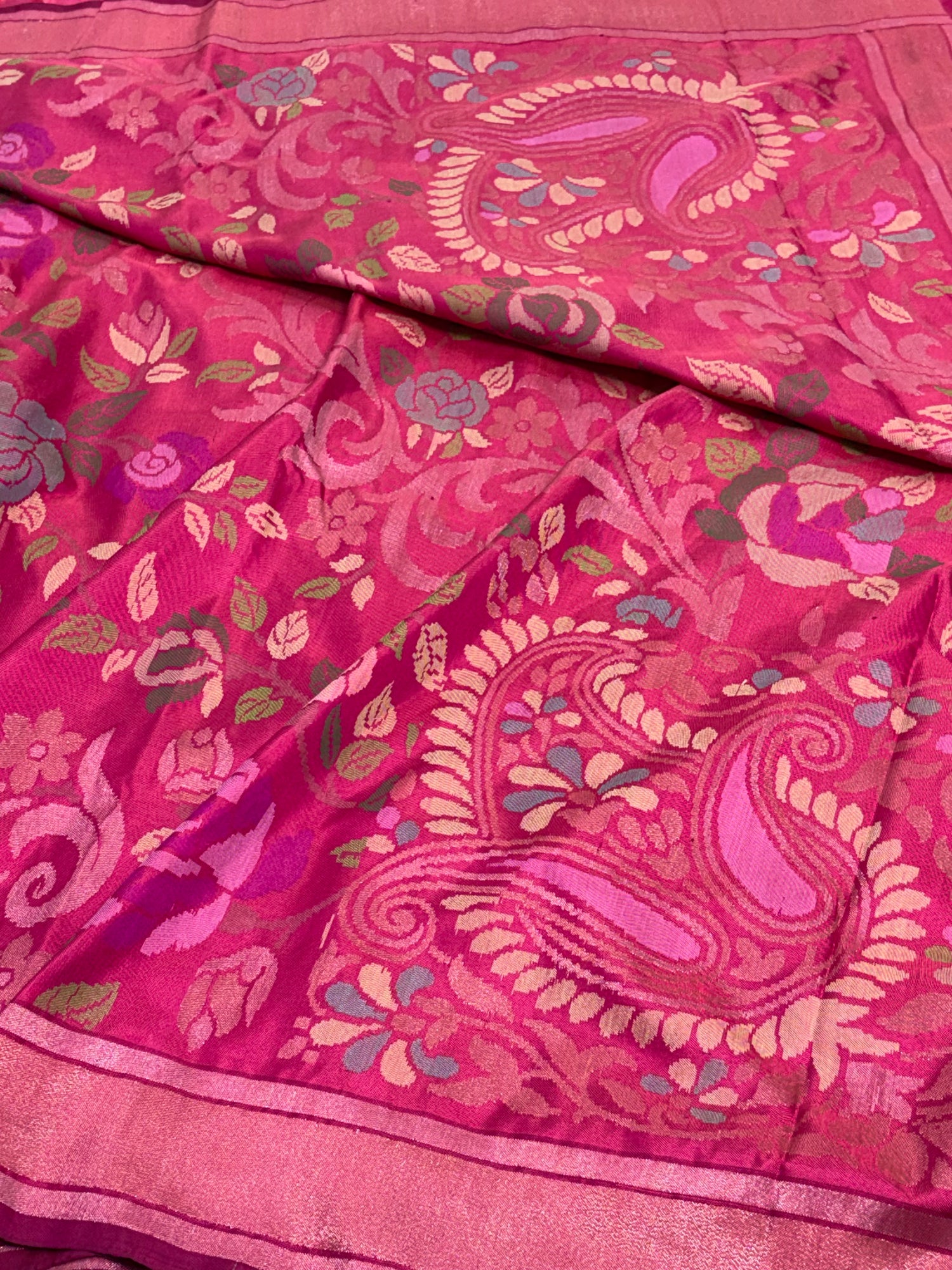 Rani Pink Handwoven Banarasi Pure Ektara Katan Silk Saree with Real Gold and Silver Zari