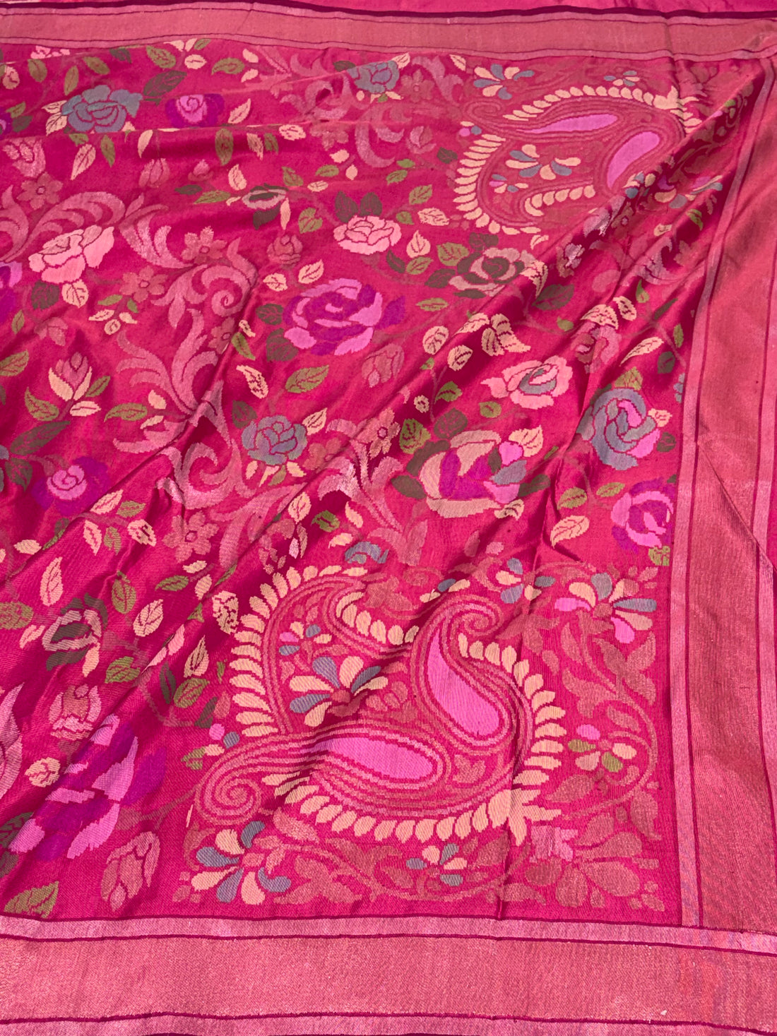 Rani Pink Handwoven Banarasi Pure Ektara Katan Silk Saree with Real Gold and Silver Zari