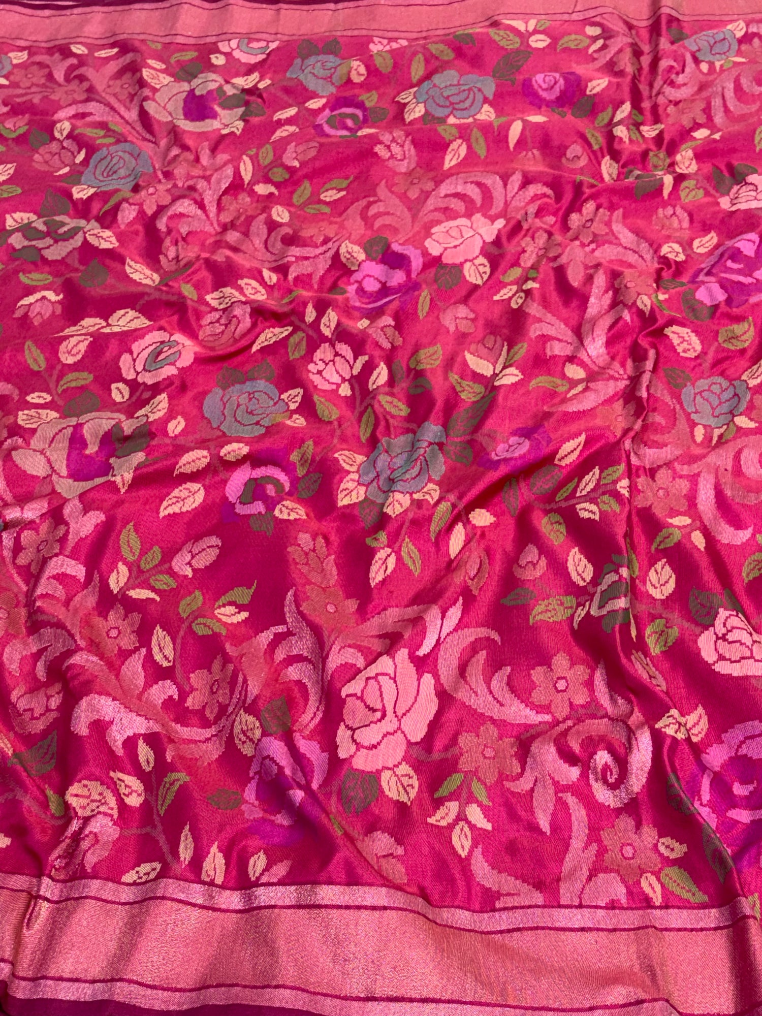 Rani Pink Handwoven Banarasi Pure Ektara Katan Silk Saree with Real Gold and Silver Zari