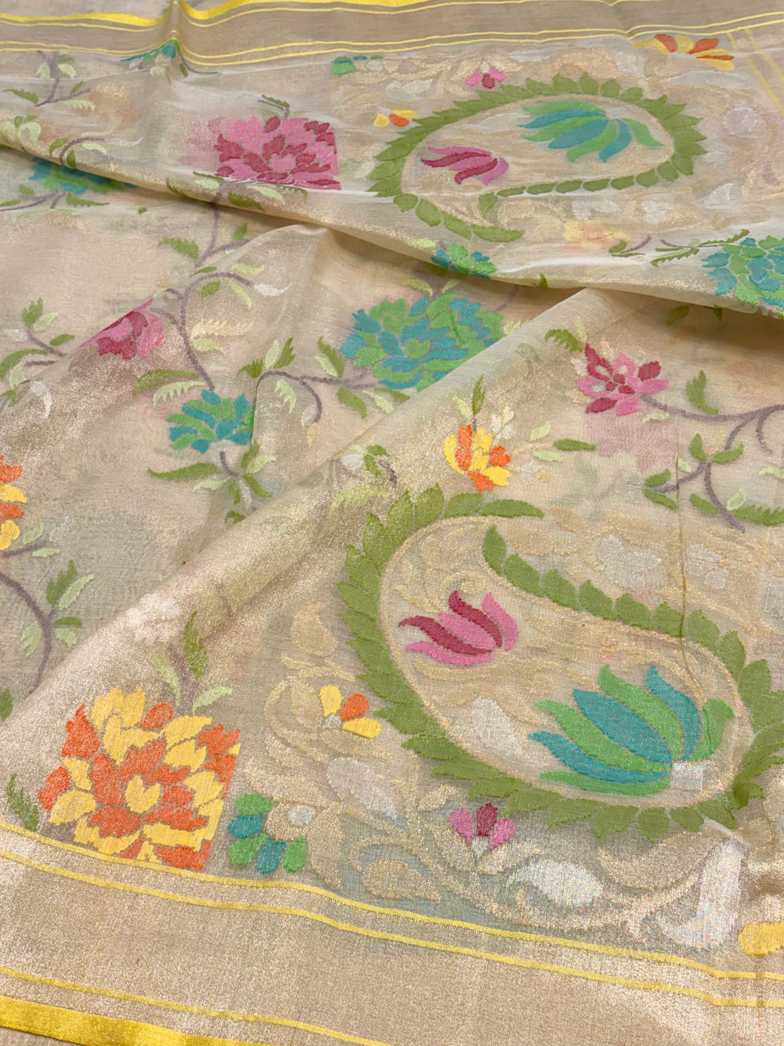 Ivory Handwoven Banarasi Pure Tissue Jamdani with Real Gold and Silver Zari
