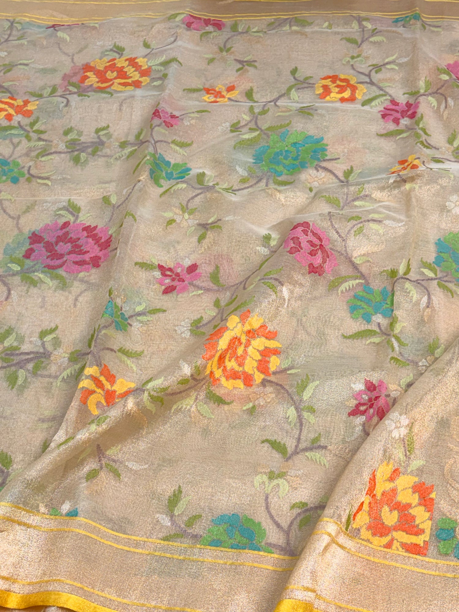 Ivory Handwoven Banarasi Pure Tissue Jamdani with Real Gold and Silver Zari