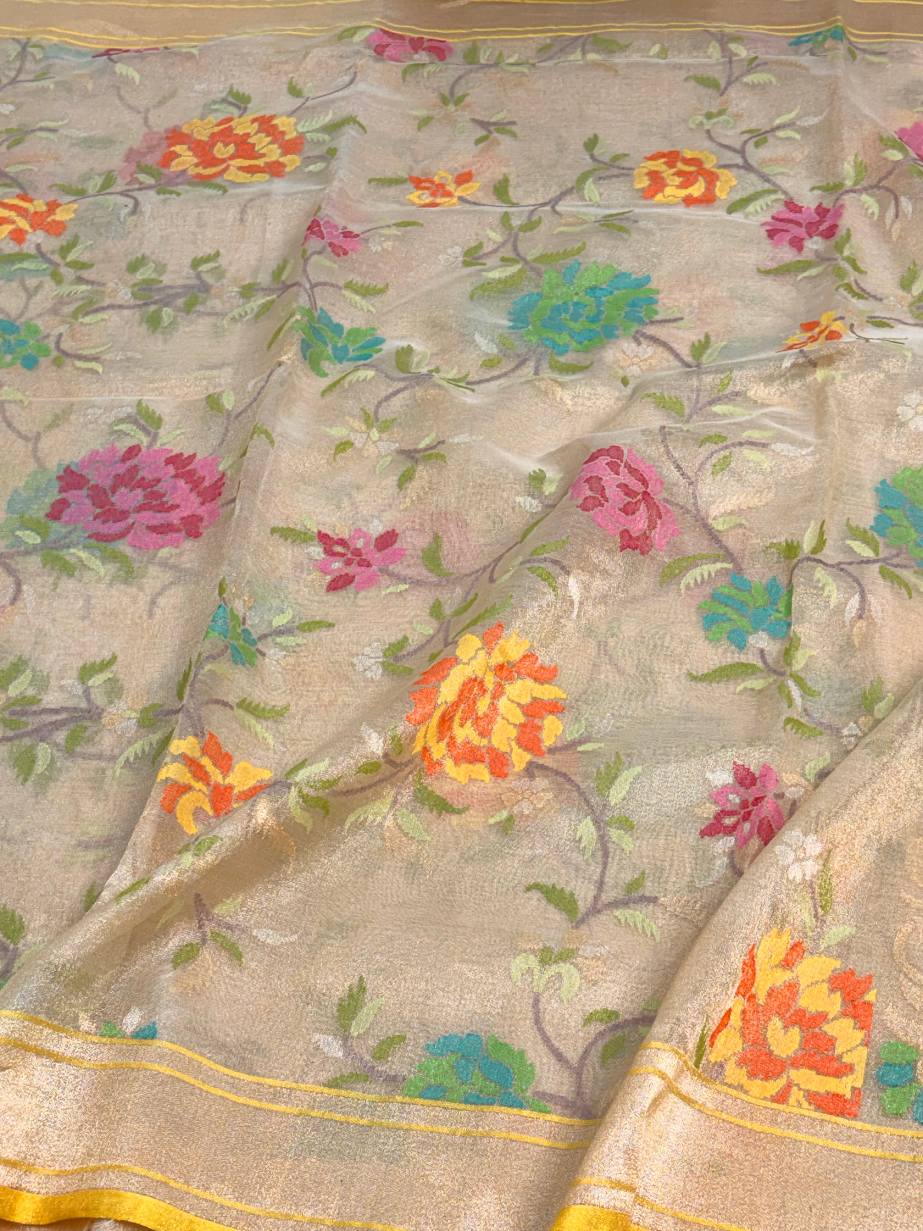 Ivory Handwoven Banarasi Pure Tissue Jamdani with Real Gold and Silver Zari