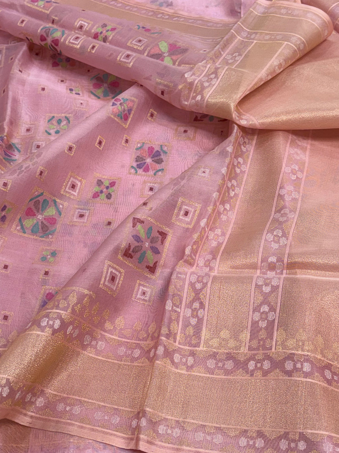 Pink Handwoven Banarasi Pure Kora Ektara Jamdani Saree with Real Gold &amp; Silver Zari
