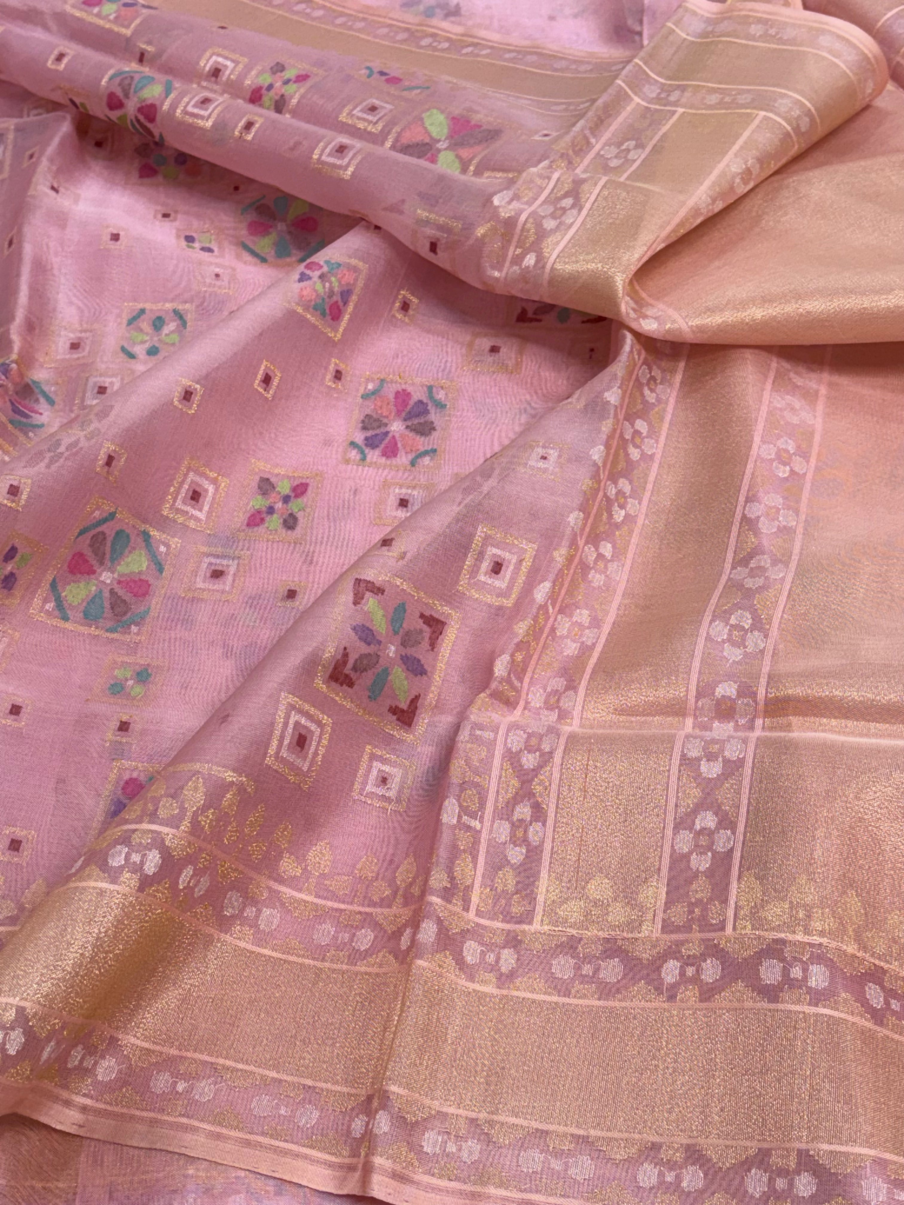 Pink Handwoven Banarasi Pure Kora Ektara Jamdani Saree with Real Gold &amp; Silver Zari