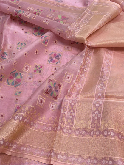 Pink Handwoven Banarasi Pure Kora Ektara Jamdani Saree with Real Gold &amp; Silver Zari