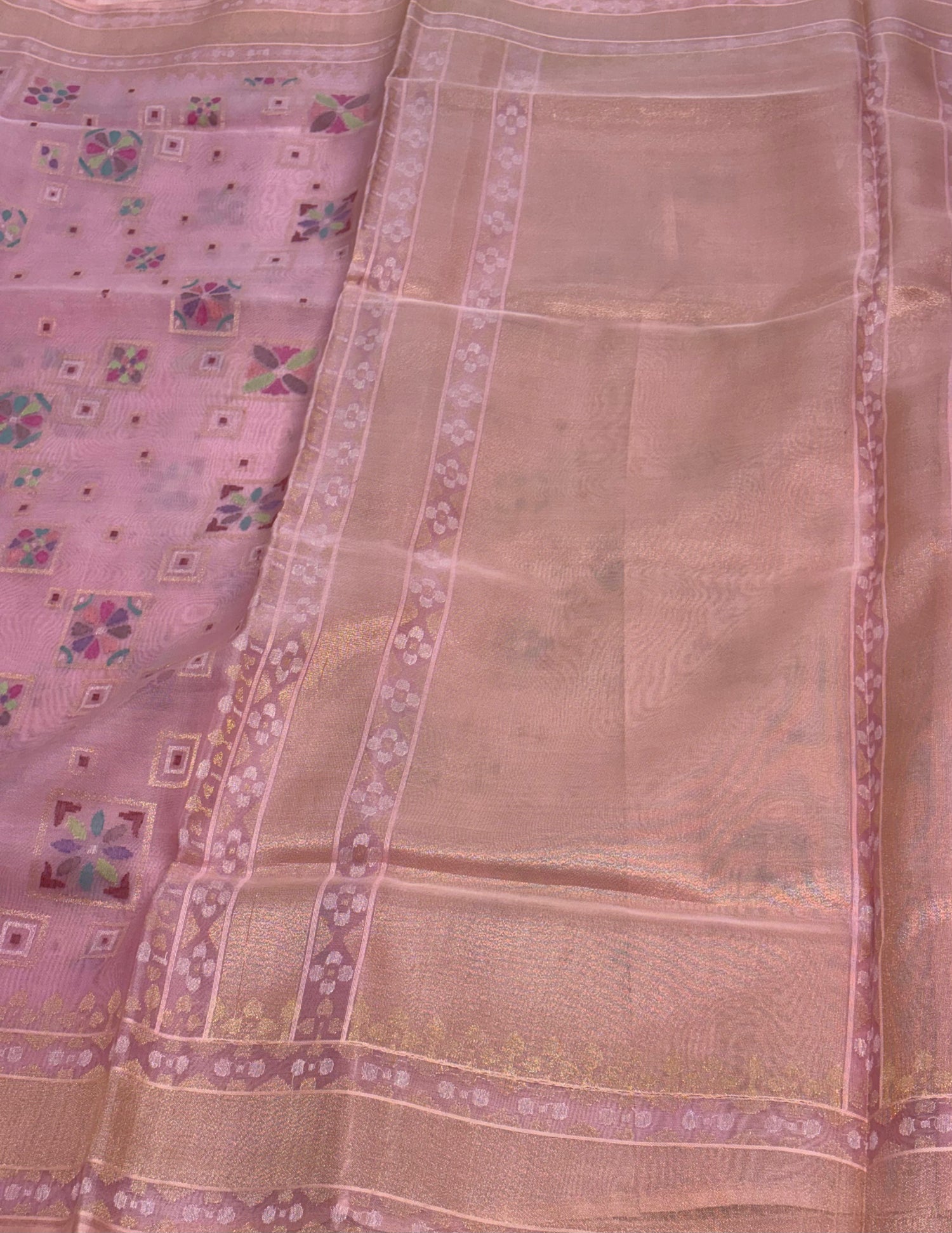 Pink Handwoven Banarasi Pure Kora Ektara Jamdani Saree with Real Gold &amp; Silver Zari