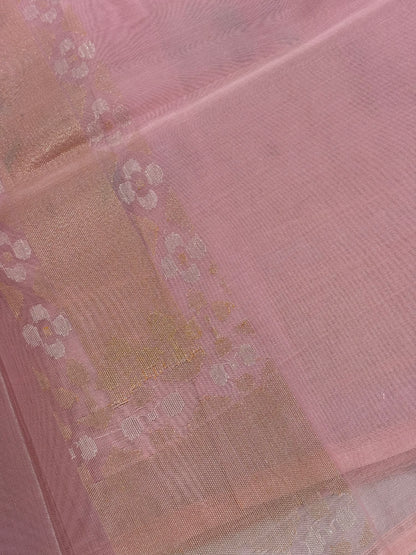 Pink Handwoven Banarasi Pure Kora Ektara Jamdani Saree with Real Gold &amp; Silver Zari