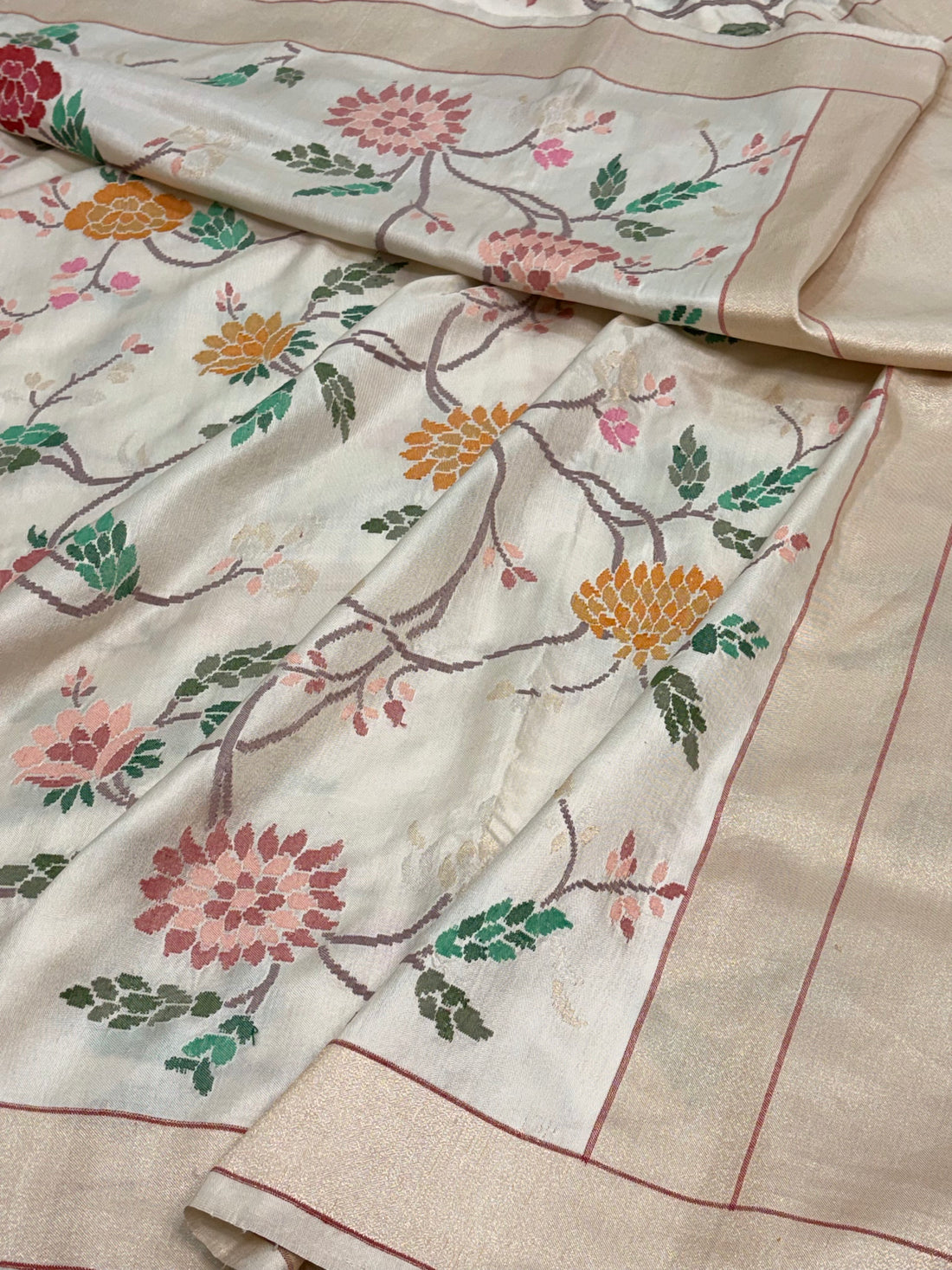 Shwetambari Handwoven Banarasi Pure Katan Silk Ektara Jamdani Saree with Real Gold and Silver Zari