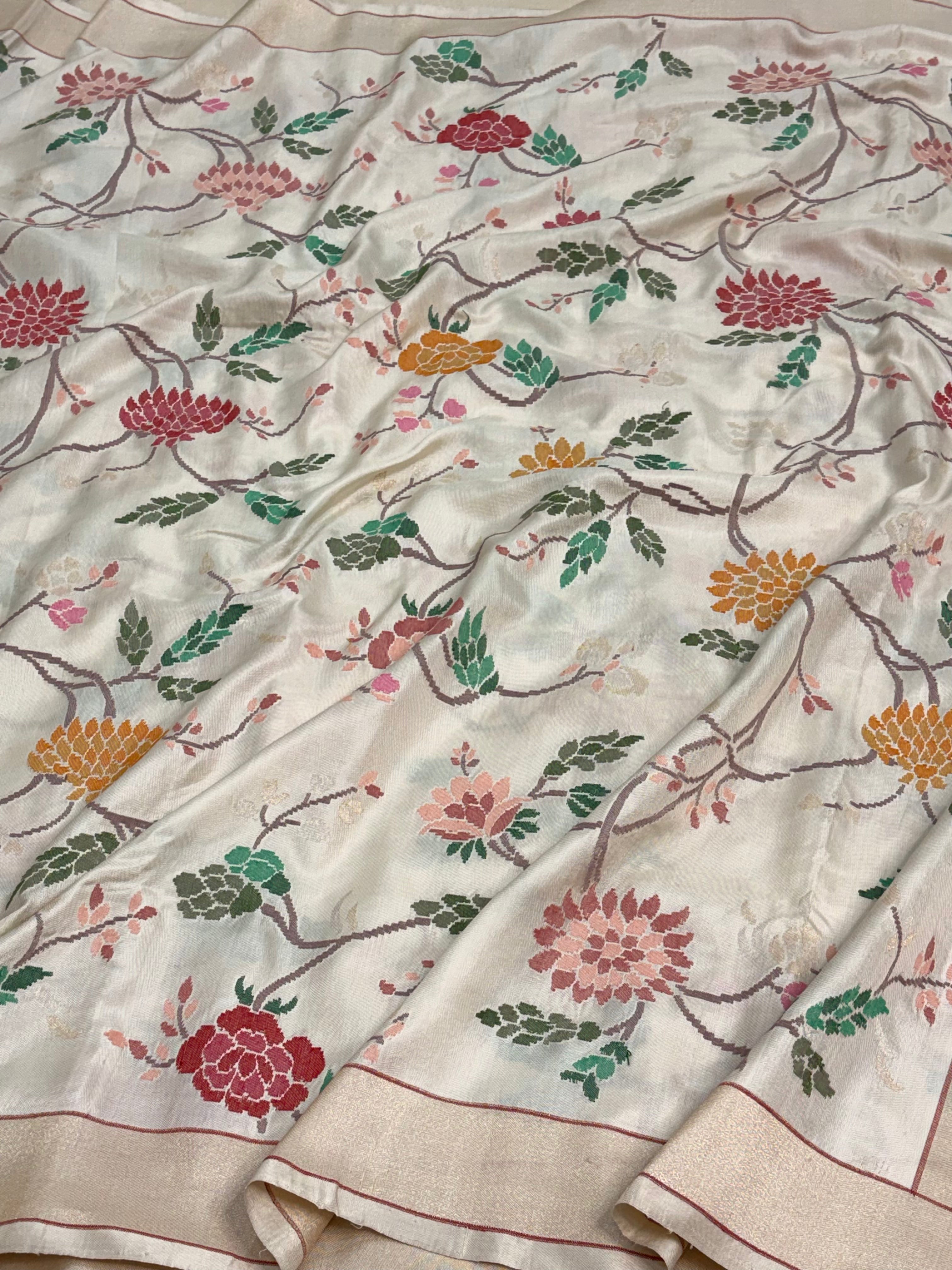 Shwetambari Handwoven Banarasi Pure Katan Silk Ektara Jamdani Saree with Real Gold and Silver Zari