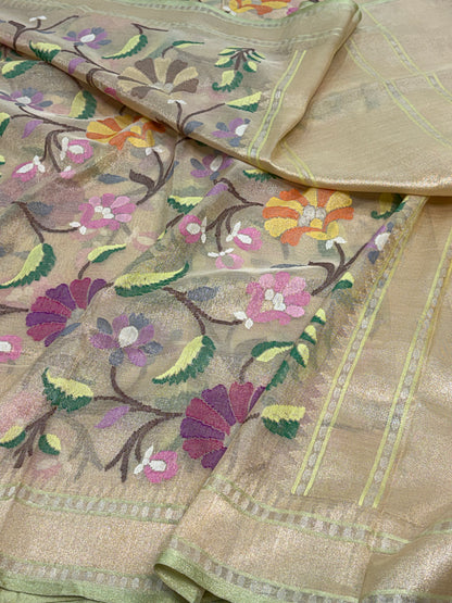 Golden Handwoven Banarasi Pure Tissue Jamdani Saree with Real Gold and Silver Zari