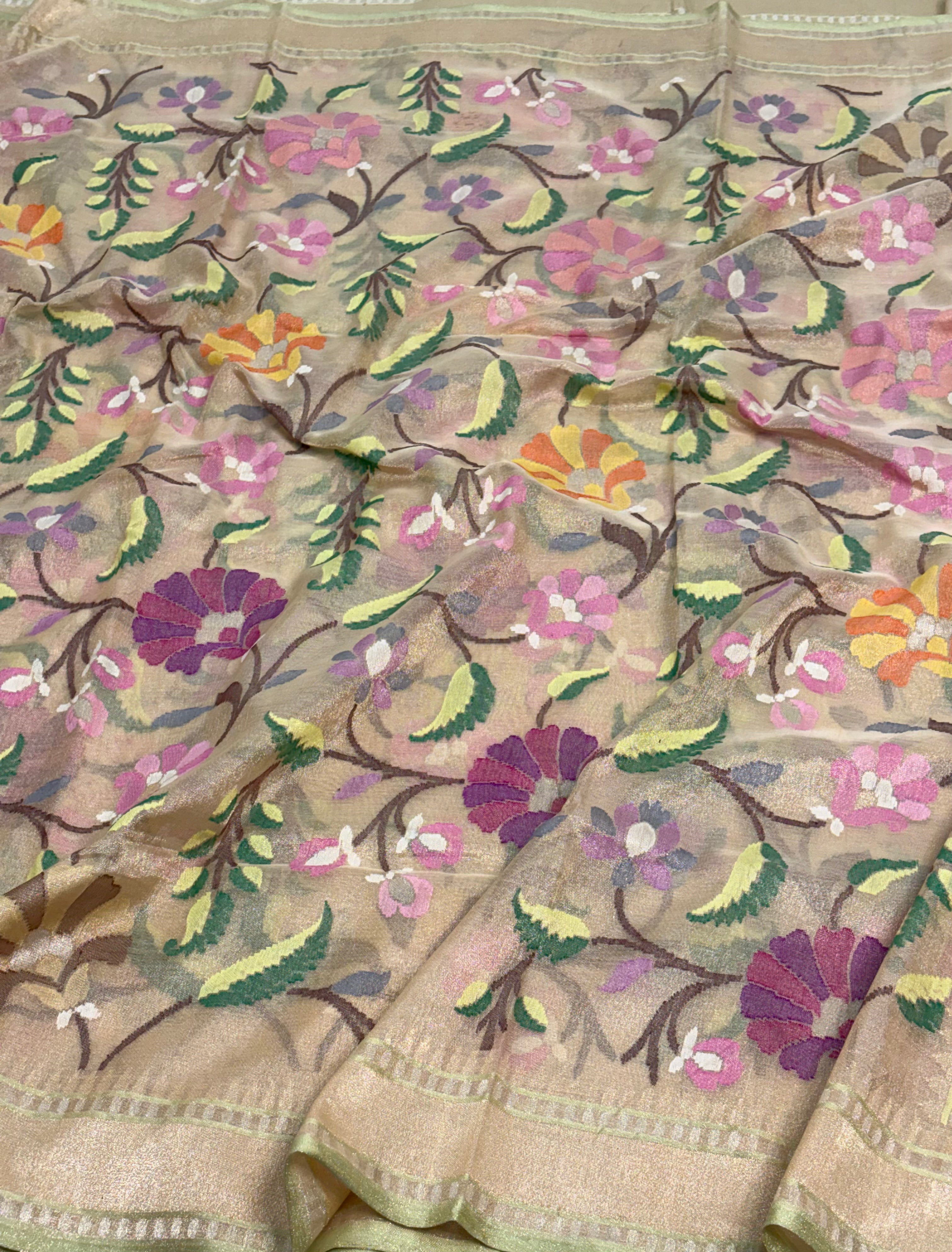 Golden Handwoven Banarasi Pure Tissue Jamdani Saree with Real Gold and Silver Zari