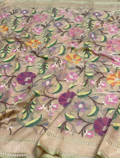 Golden Handwoven Banarasi Pure Tissue Jamdani Saree with Real Gold and Silver Zari