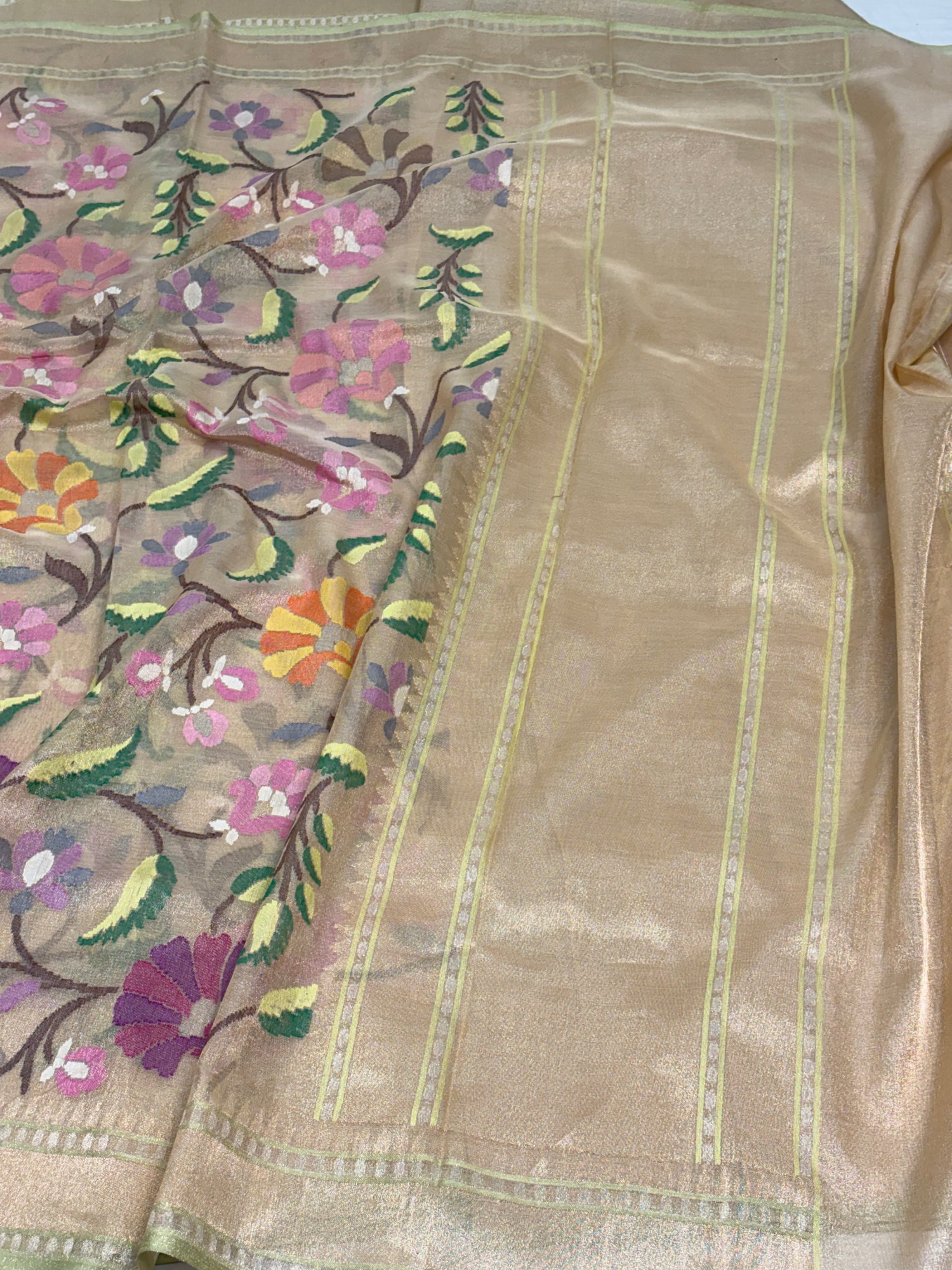 Golden Handwoven Banarasi Pure Tissue Jamdani Saree with Real Gold and Silver Zari