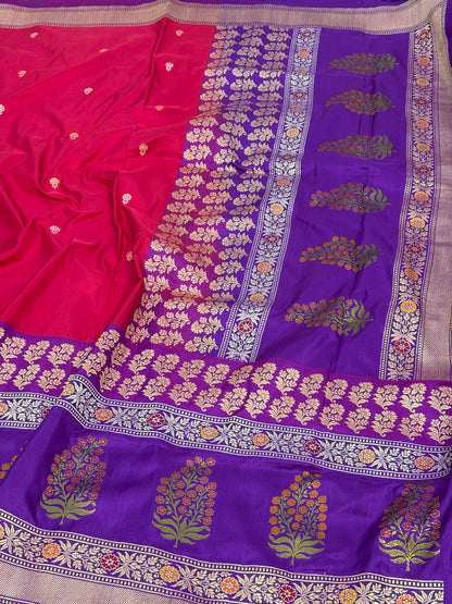 Red Handwoven Banarasi Pure Katan Silk Kadiyal Saree with Purple boder