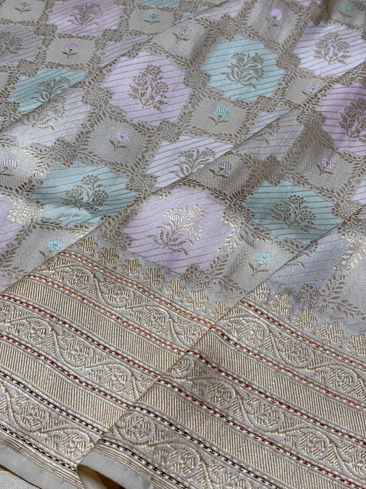 Ivory Pure Banarasi Rangkaat Silk Handloom Saree