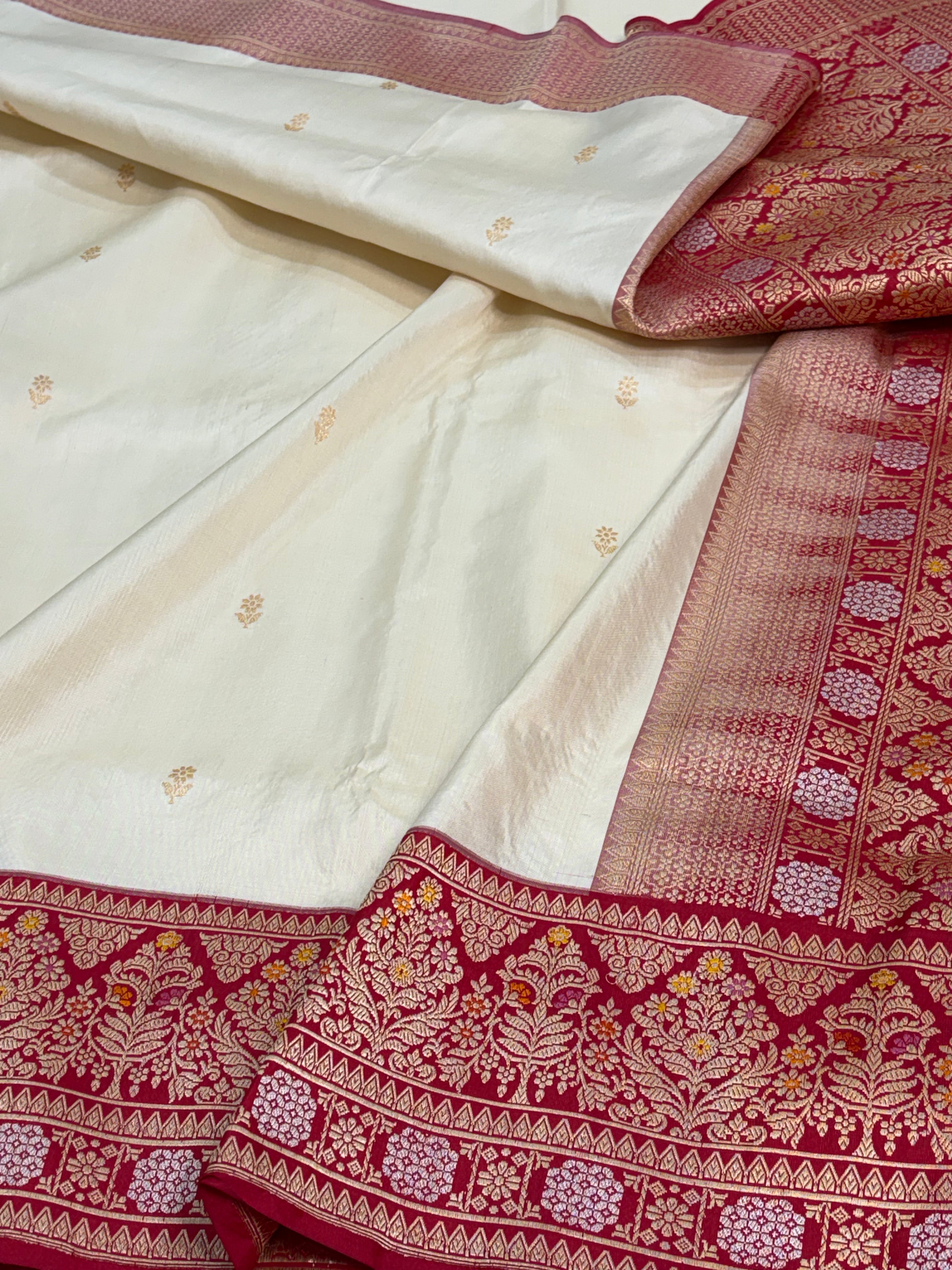 Ivory Handwoven Banarasi Pure Katan Silk with Red Meenakari Border
