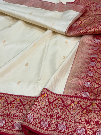 Ivory Handwoven Banarasi Pure Katan Silk with Red Meenakari Border