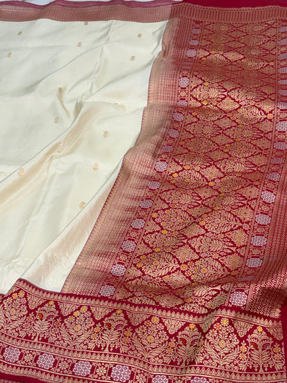Ivory Handwoven Banarasi Pure Katan Silk with Red Meenakari Border