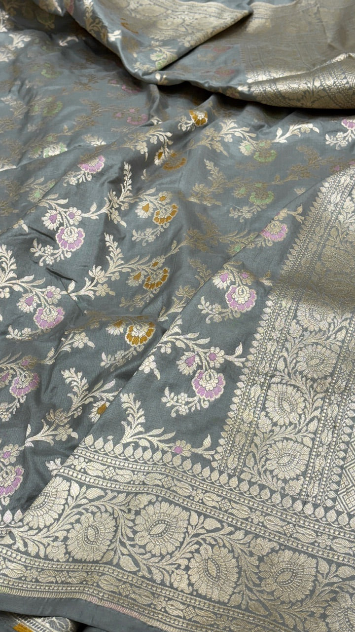 Light Silver Pure Banarasi Katan Silk Saree