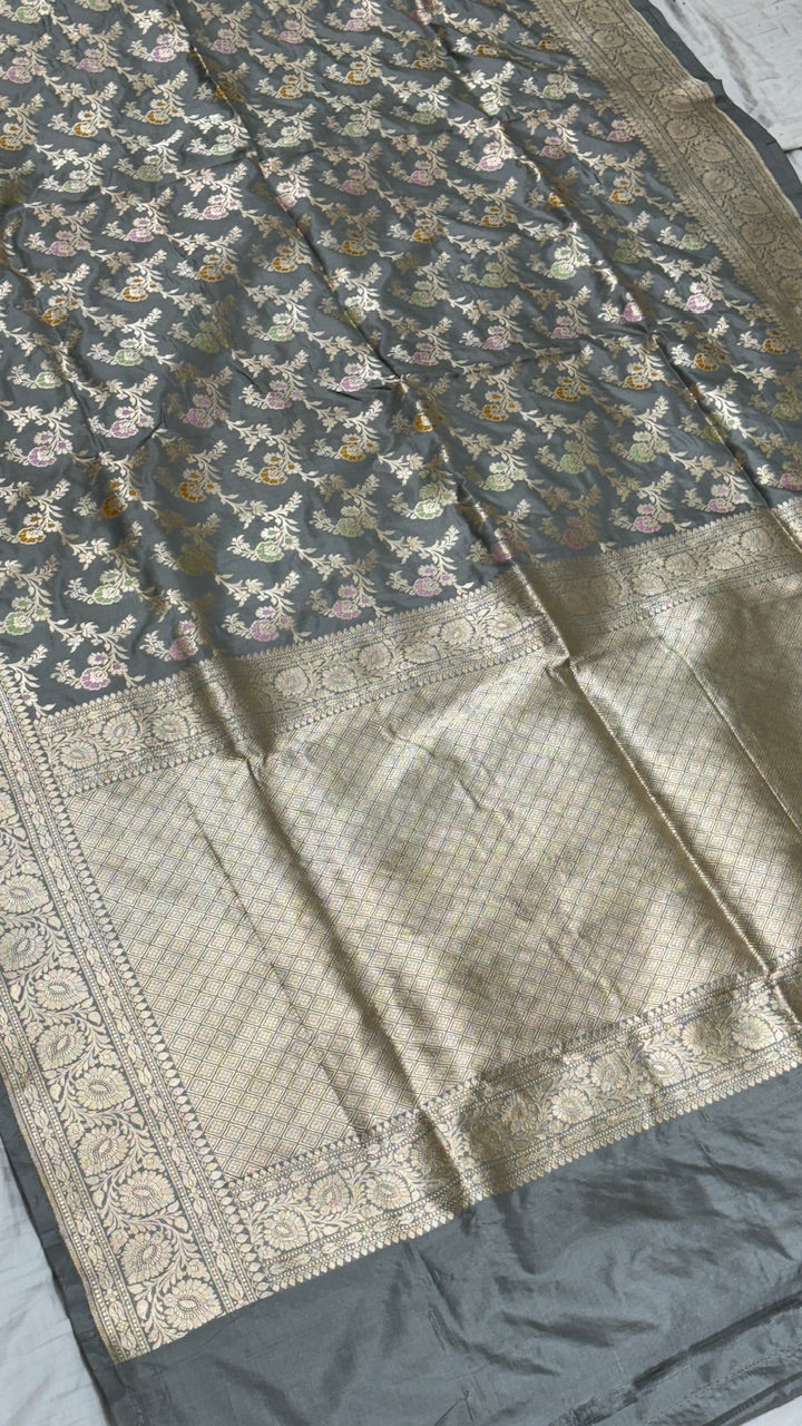 Light Silver Pure Banarasi Katan Silk Saree