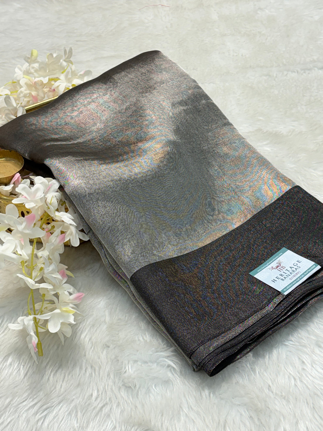 Molten Grey Pure Tissue Banarasi Saree with Satin Katan Silk Border