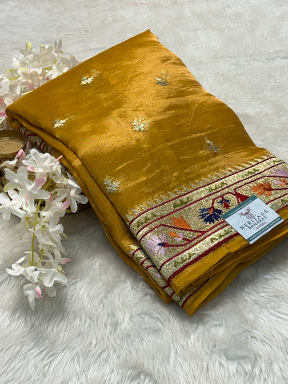 Mustard Gold Pure Tissue Banarasi Saree with Meenakari Border and Pathani Style Zari Embroidery