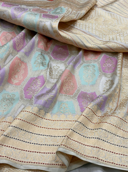 Ivory Banarasi Pure Katan Silk Rangkaat Handwoven Saree