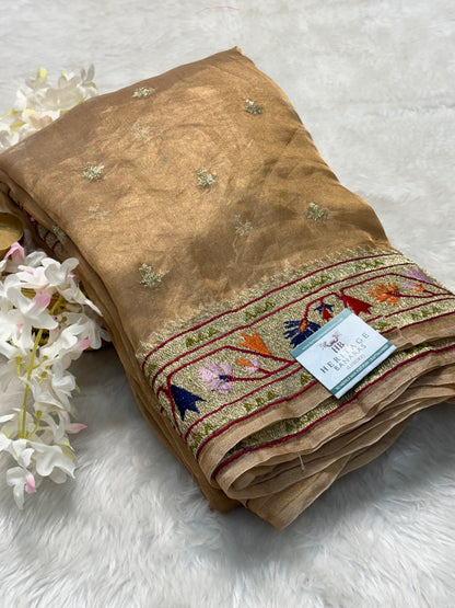 Antique Gold Pure Tissue Banarasi Saree with Meenakari Border and Pathani Style Zari Embroidery
