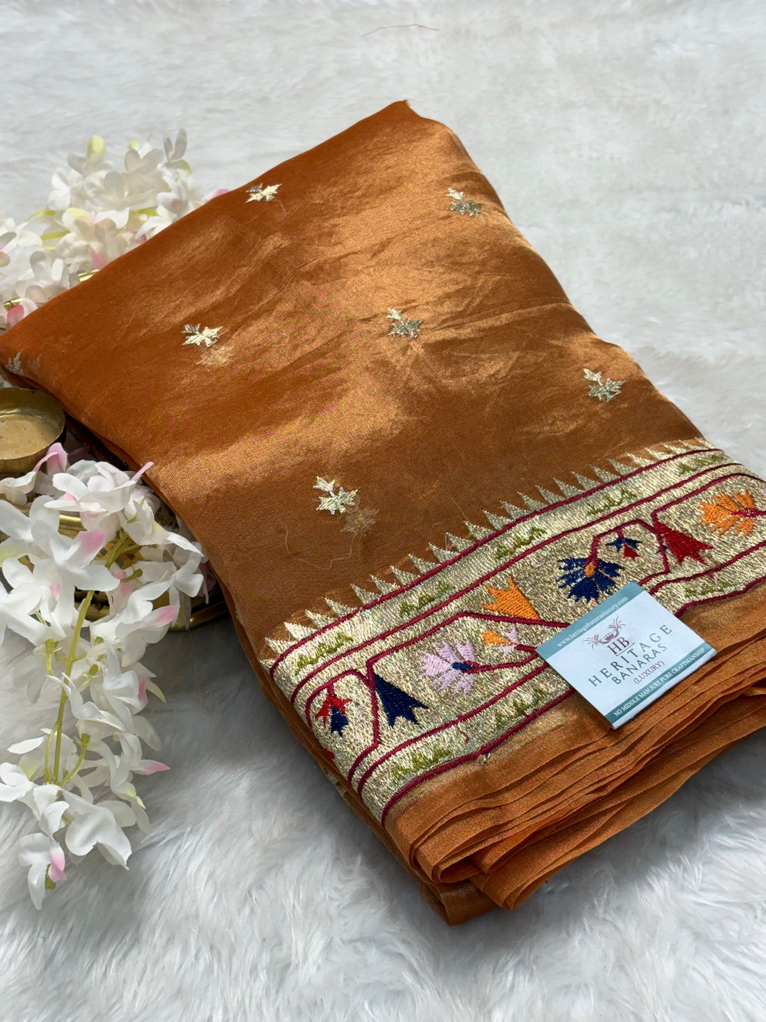 Copper Gold Pure Tissue Banarasi Saree with Meenakari Border and Pathani Style Zari Embroidery