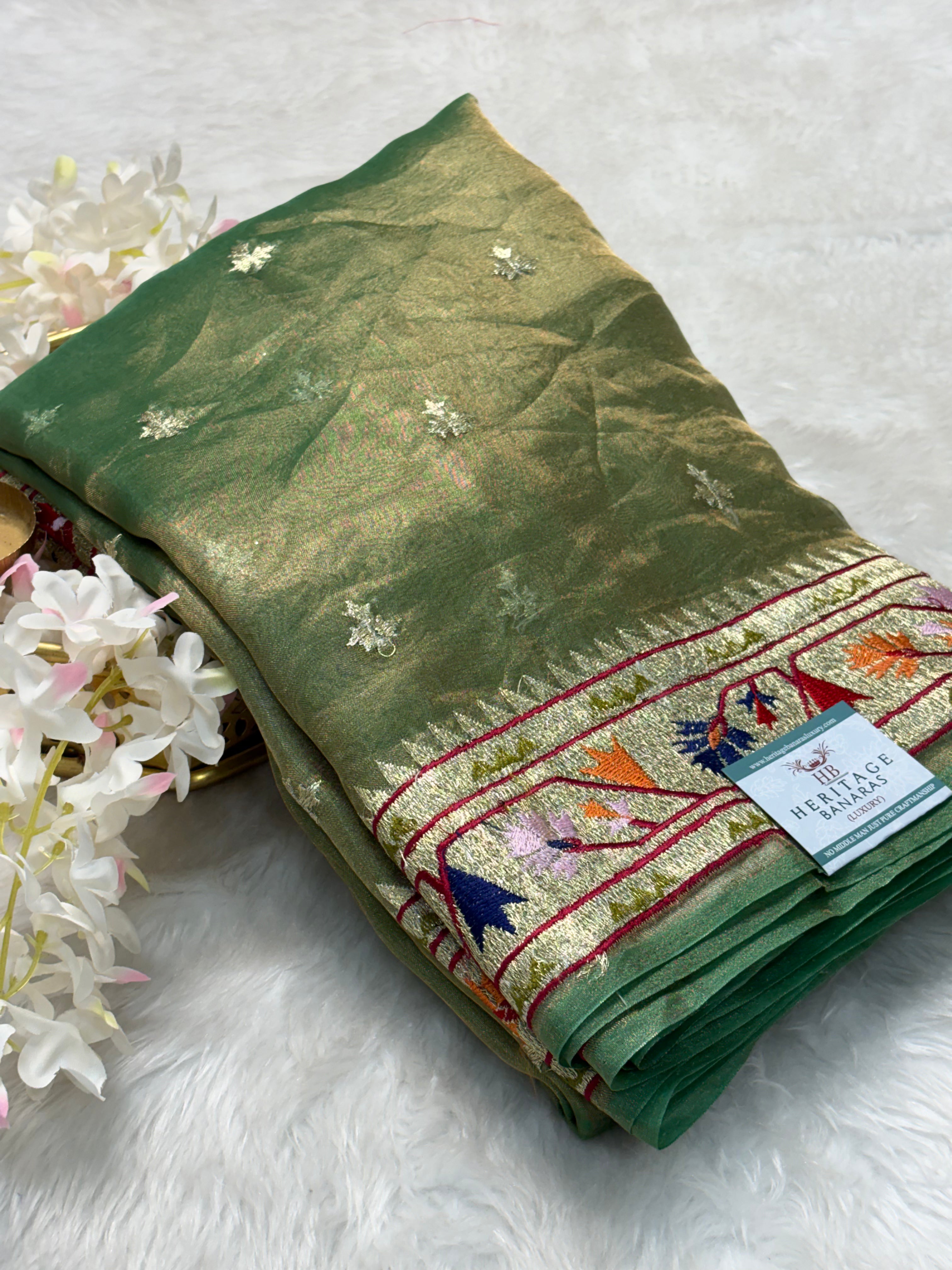 Olive Green Pure Tissue Banarasi Saree with Meenakari Border and Pathani Style Zari Embroidery