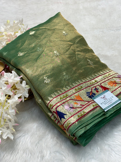 Olive Green Pure Tissue Banarasi Saree with Meenakari Border and Pathani Style Zari Embroidery
