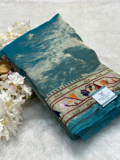 Teal Blue Pure Tissue Banarasi Saree with Meenakari Border and Pathani Style Zari Embroidery