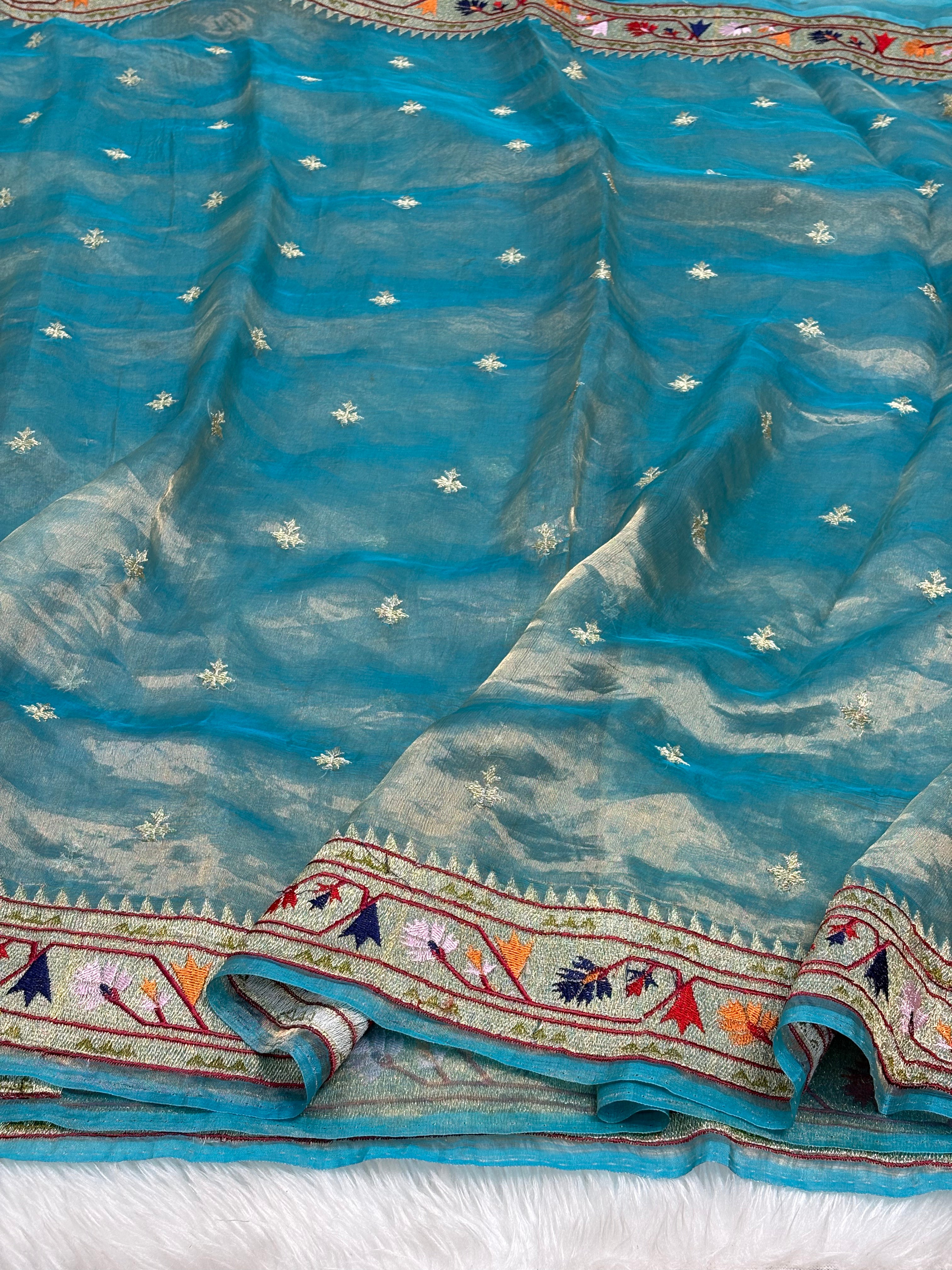 Teal Blue Pure Tissue Banarasi Saree with Meenakari Border and Pathani Style Zari Embroidery