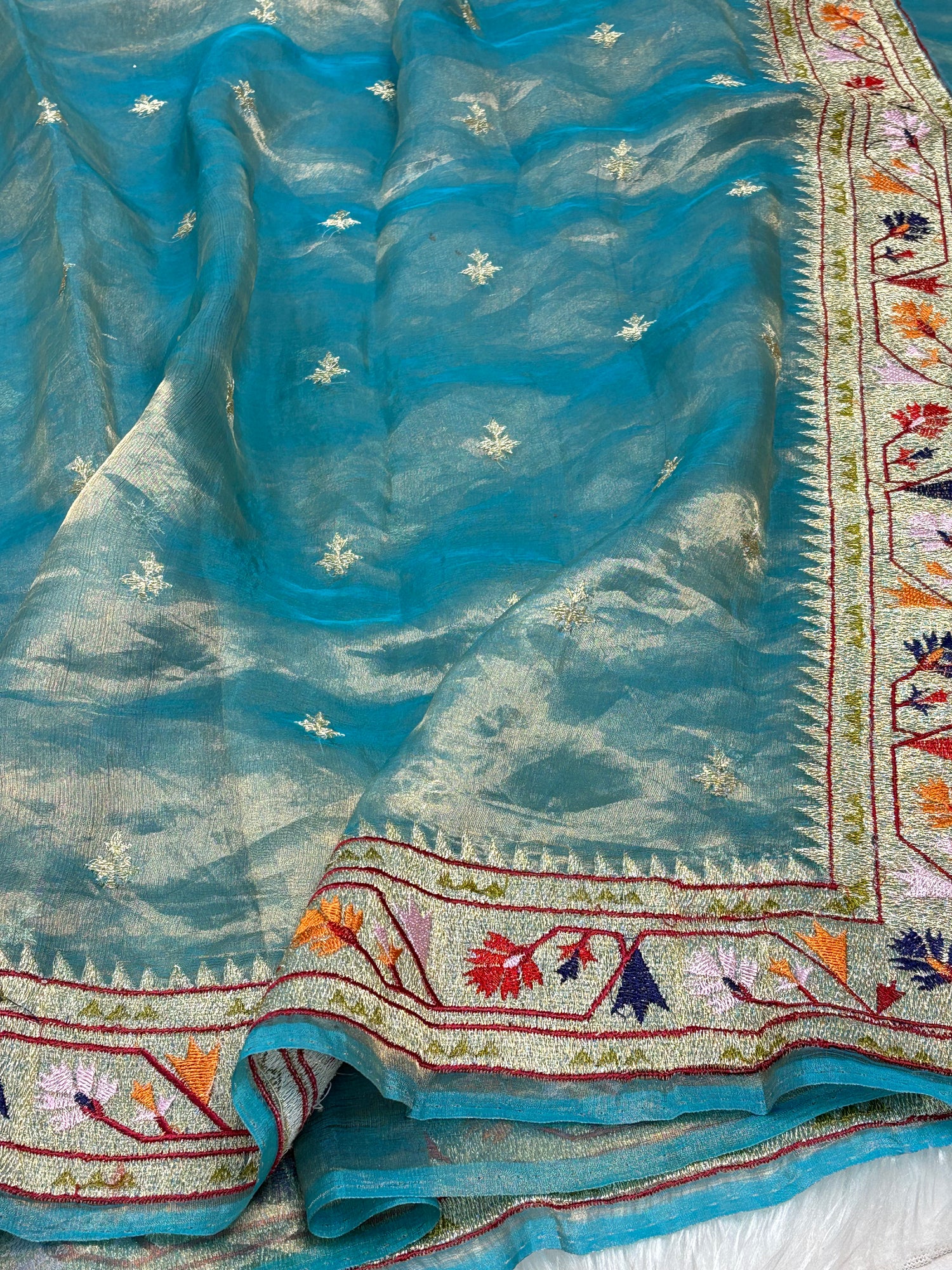 Teal Blue Pure Tissue Banarasi Saree with Meenakari Border and Pathani Style Zari Embroidery