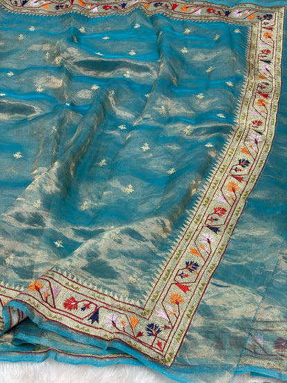 Teal Blue Pure Tissue Banarasi Saree with Meenakari Border and Pathani Style Zari Embroidery