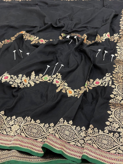 Black Banarasi Pure Katan Silk Handwoven Saree
