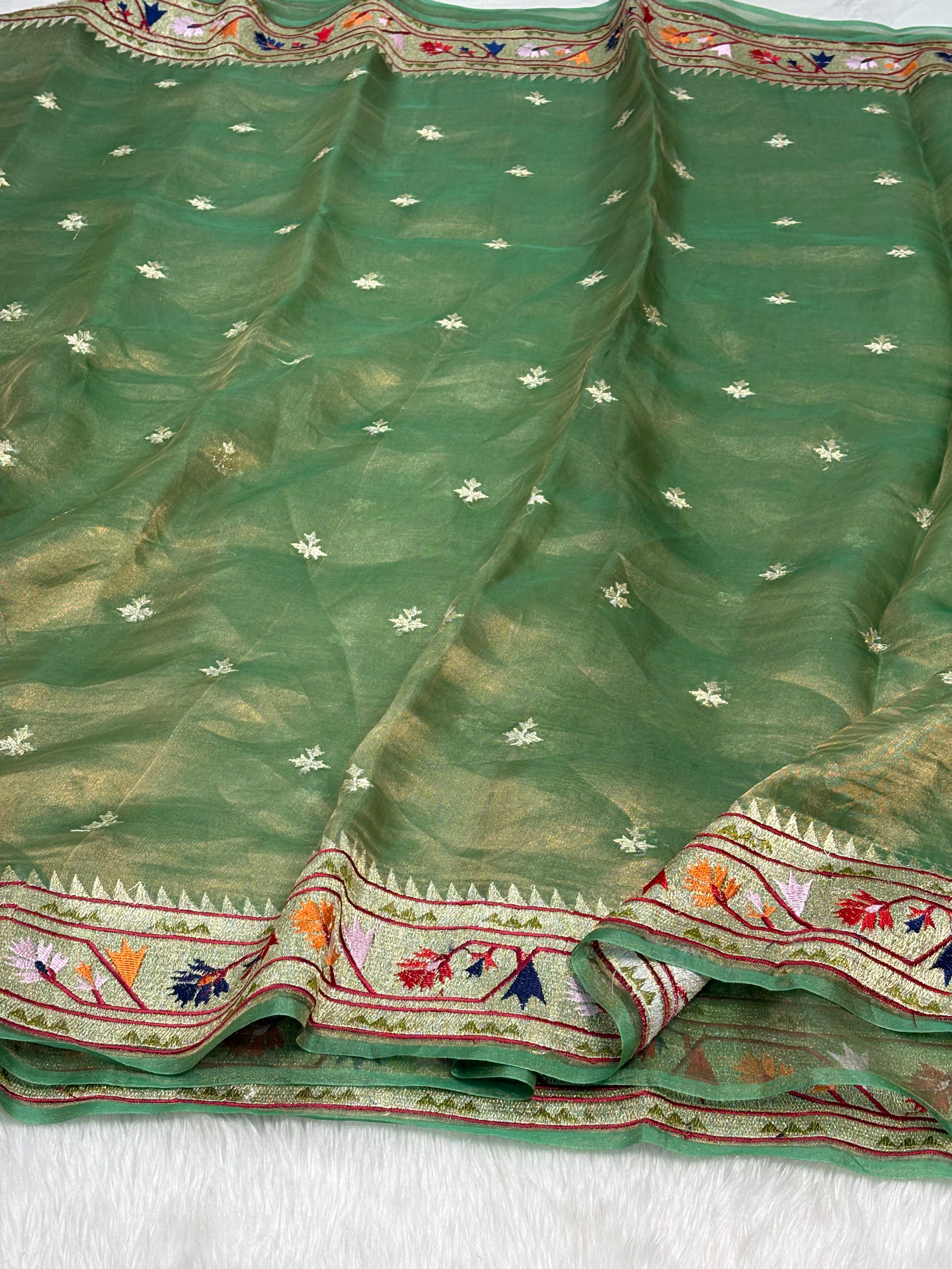 Olive Green Pure Tissue Banarasi Saree with Meenakari Border and Pathani Style Zari Embroidery