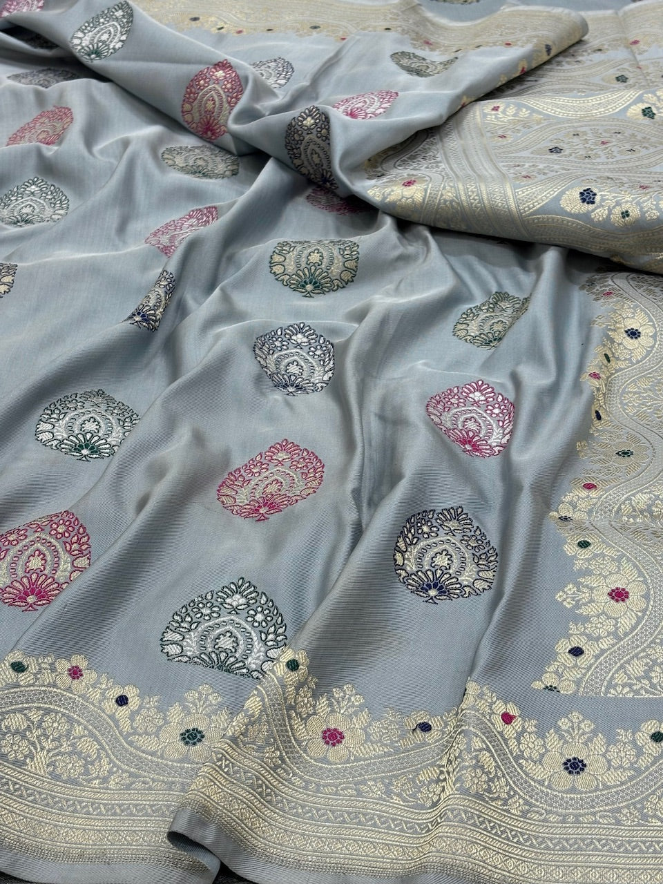 Ice Grey Blue Pure Banarasi Ektara  Silk Handwoven Saree