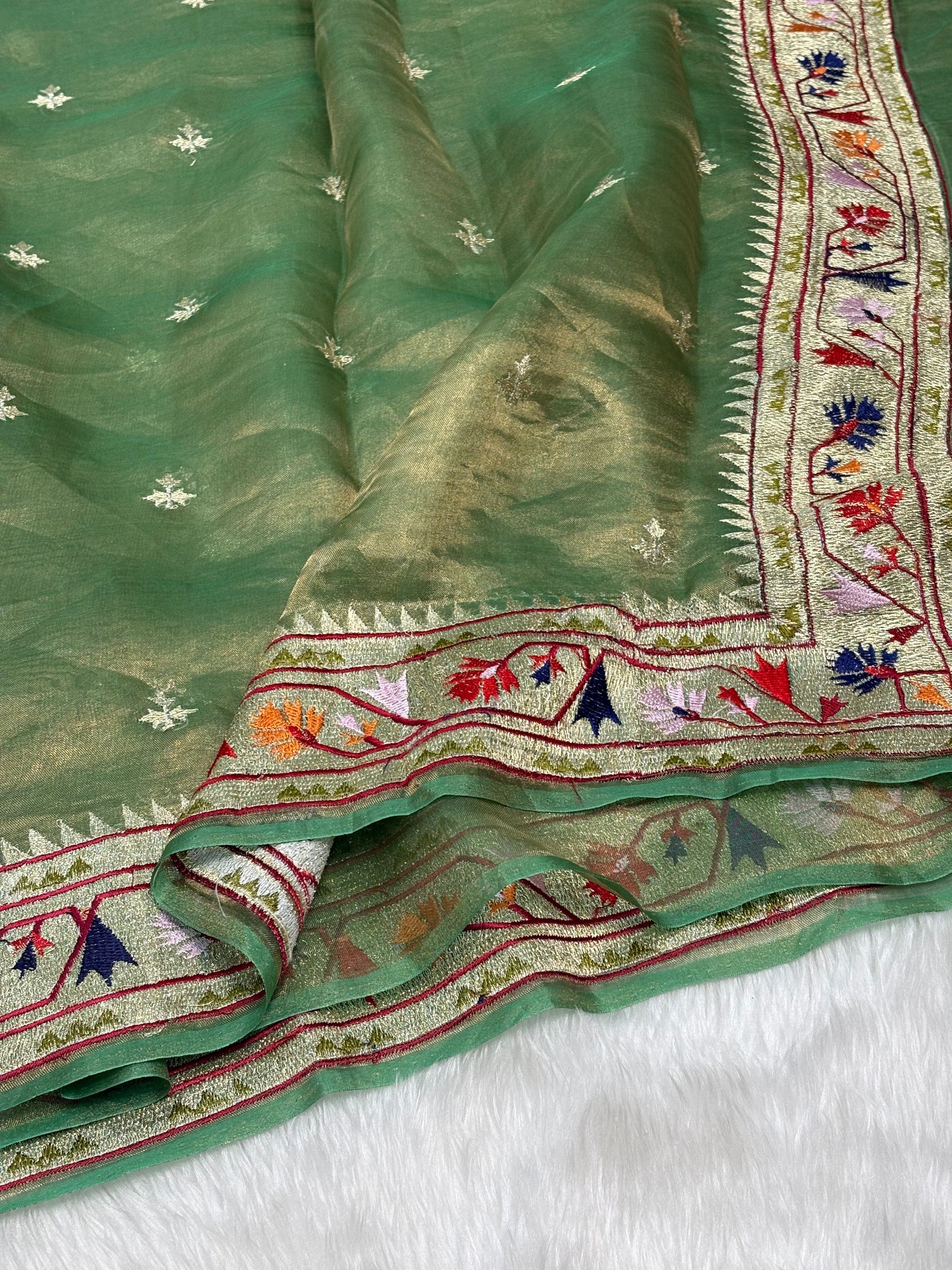 Olive Green Pure Tissue Banarasi Saree with Meenakari Border and Pathani Style Zari Embroidery
