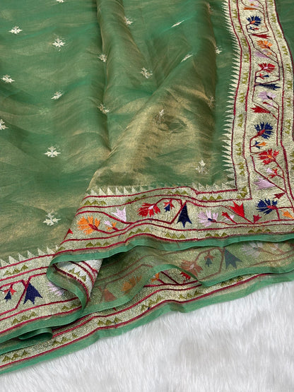 Olive Green Pure Tissue Banarasi Saree with Meenakari Border and Pathani Style Zari Embroidery