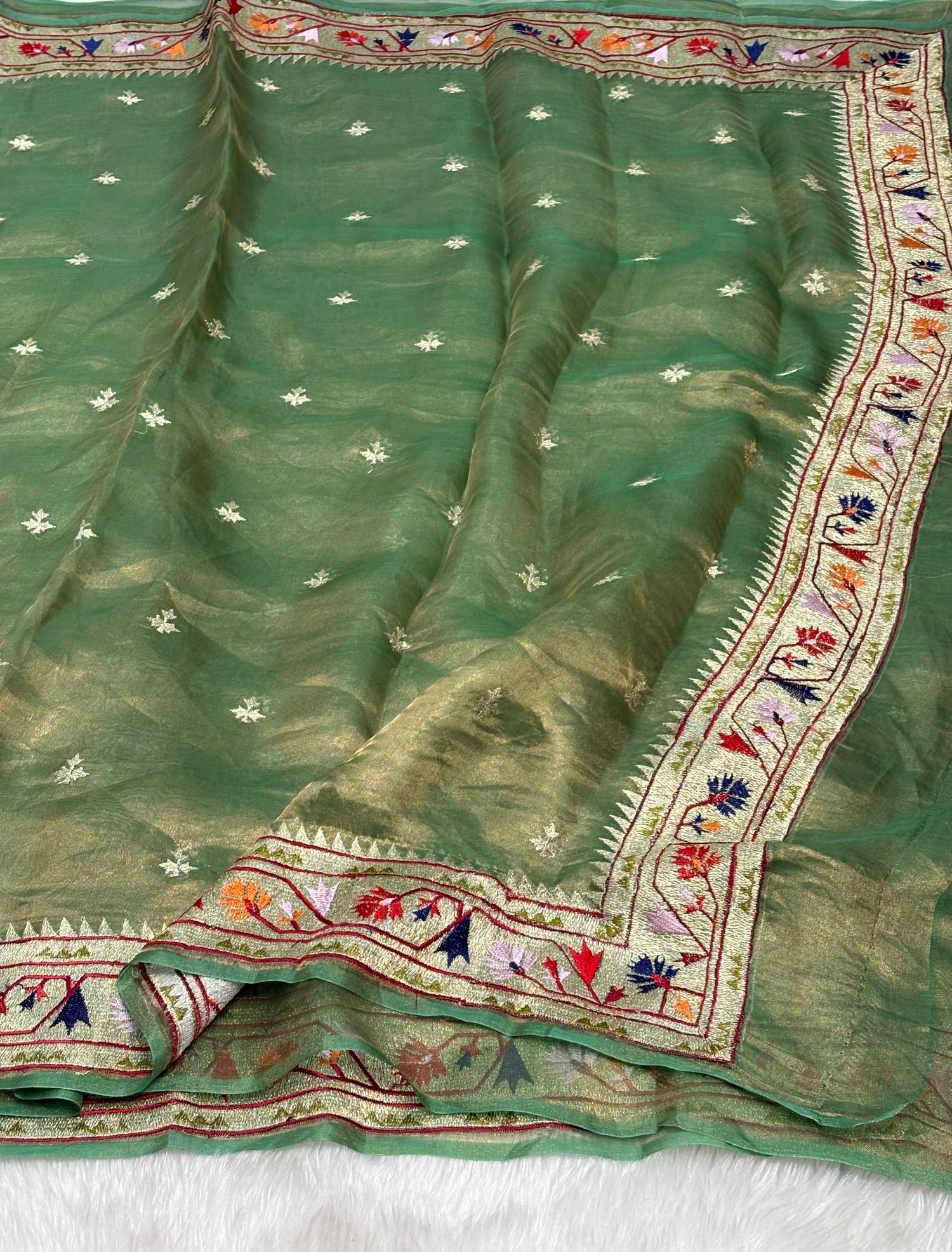 Olive Green Pure Tissue Banarasi Saree with Meenakari Border and Pathani Style Zari Embroidery