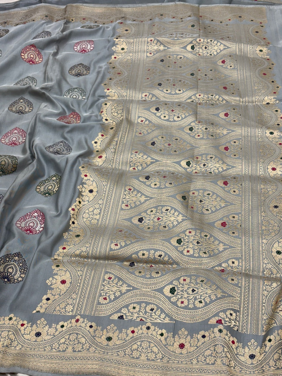 Ice Grey Blue Pure Banarasi Ektara  Silk Handwoven Saree