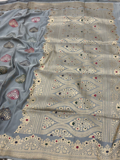 Ice Grey Blue Pure Banarasi Ektara  Silk Handwoven Saree