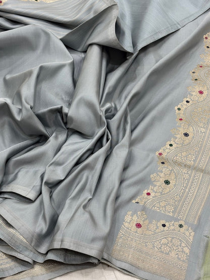 Ice Grey Blue Pure Banarasi Ektara  Silk Handwoven Saree